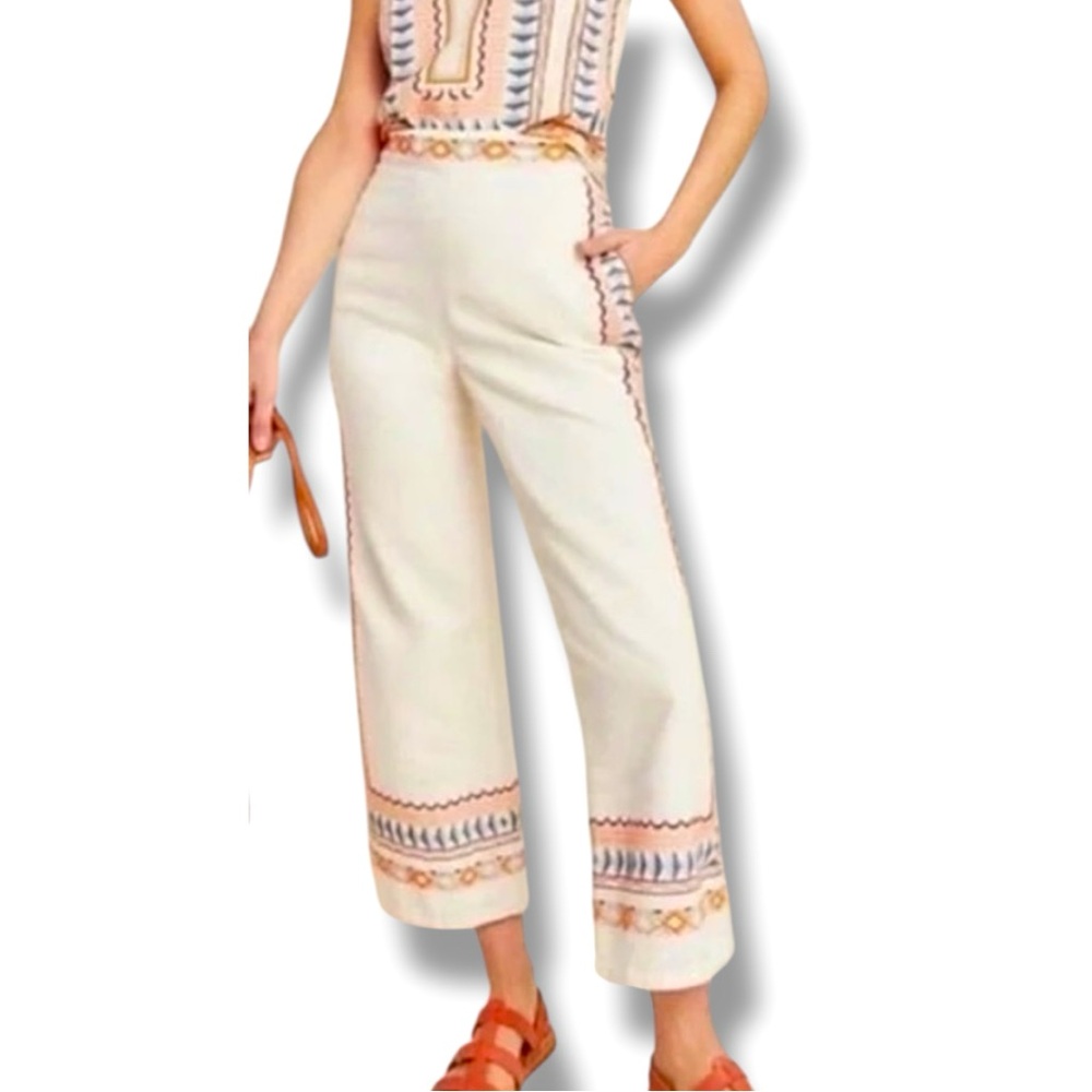 Anthropologie Cream and Orange Embroidered Pants